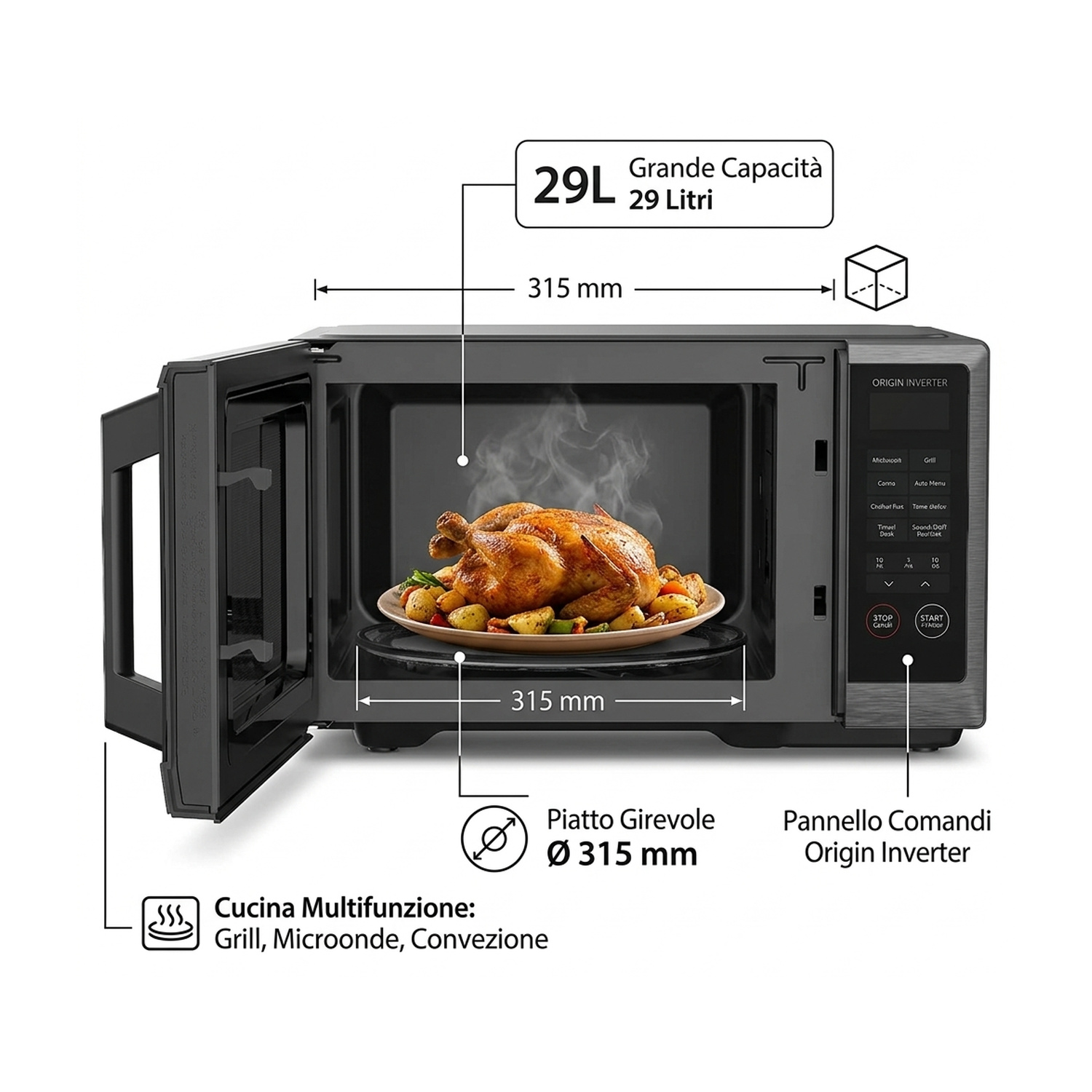 Un microonde nero con la porta aperta mostra un pollo arrosto fumante all'interno, accompagnato da specifiche tecniche.