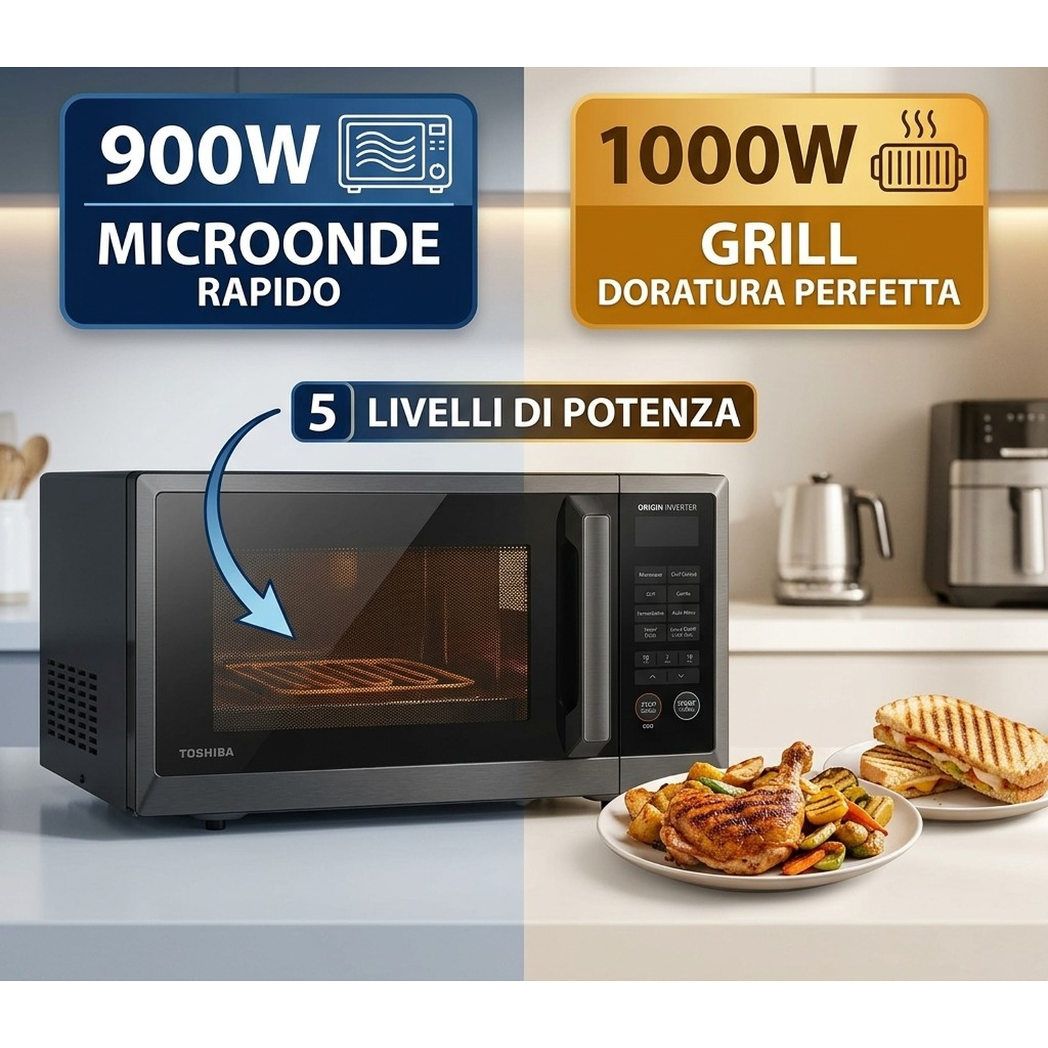 Un microonde Toshiba su un piano cucina con piatti di pollo cotto e panini in primo piano.