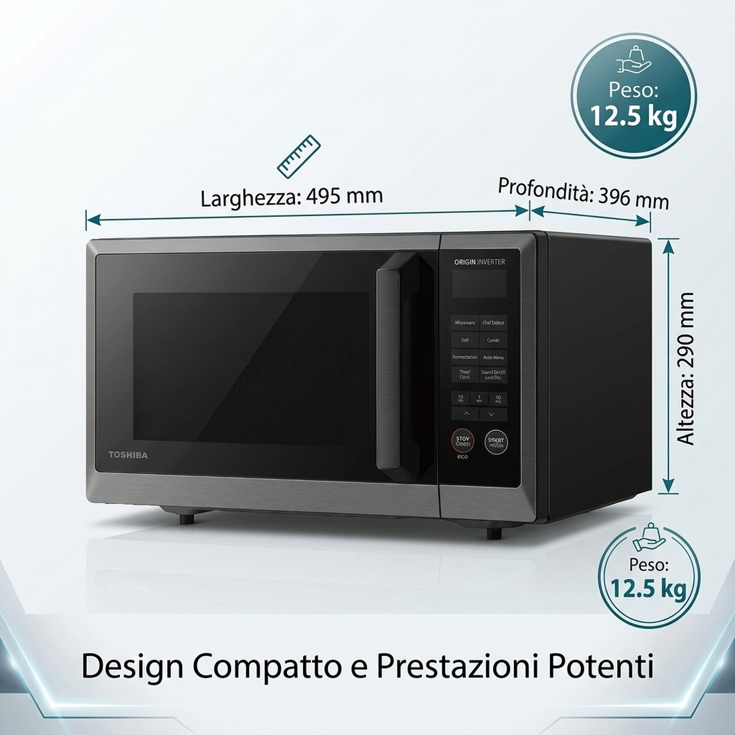 Microonde Toshiba nero con dimensioni e dettagli sul peso su sfondo chiaro.