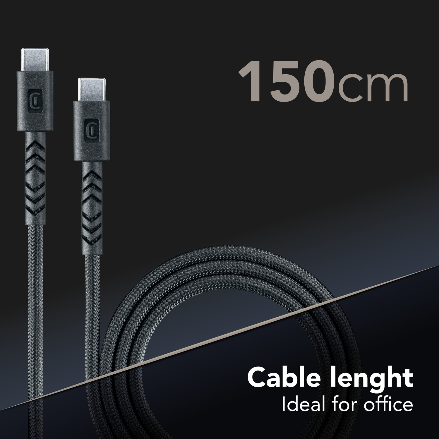 Due cavi USB-C intrecciati neri, lunghi 150 cm, su sfondo scuro con testo.