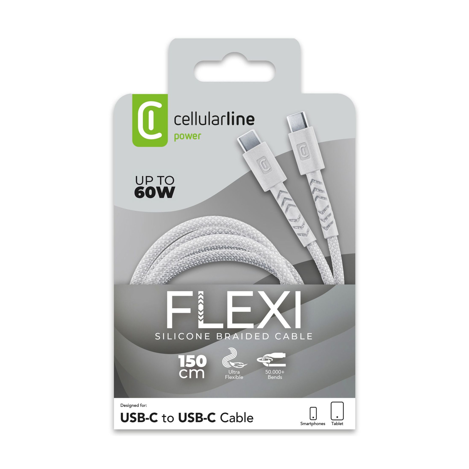 Confezione di un cavo bianco Cellularline Flexi da USB-C a USB-C, 150 cm.