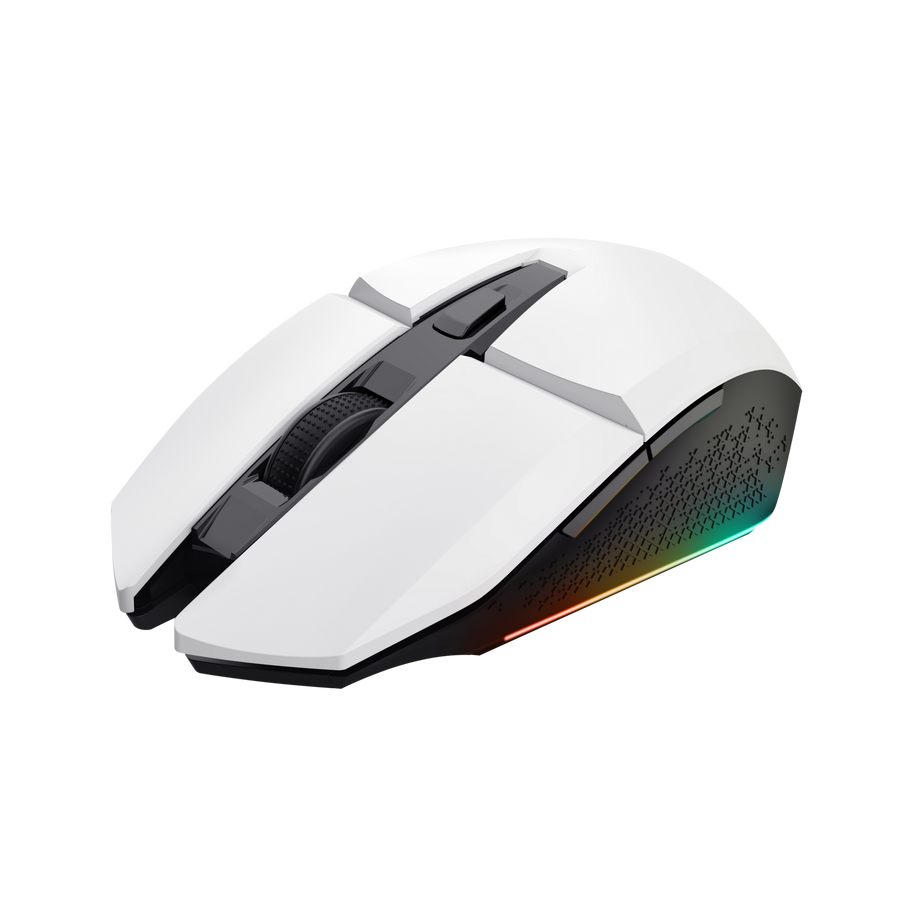 Un ratón de ordenador blanco y negro con iluminación RGB sobre fondo negro.
