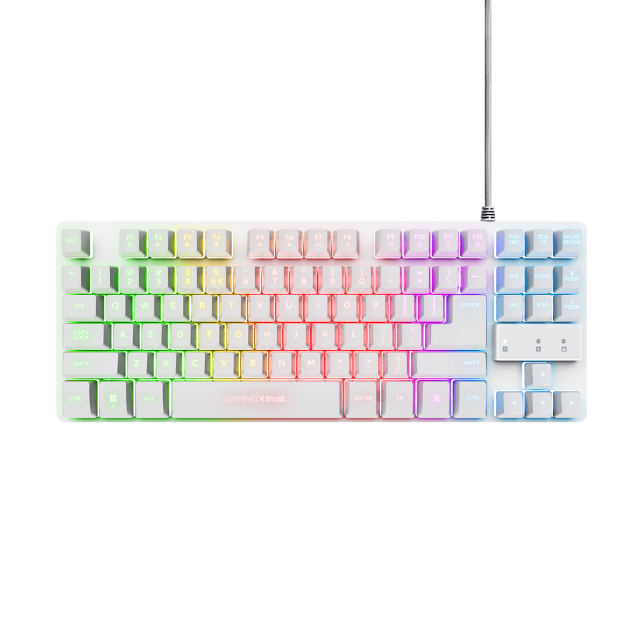 Un teclado de juego blanco con retroiluminación de arcoíris y un cable conectado sobre fondo negro.