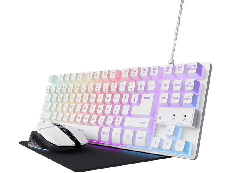 Pack gaming – Trust GXT 794W 3 en 1, USB, LED RGB, 4800 DPI, Ratón + Teclado Alfombrilla, Blanco