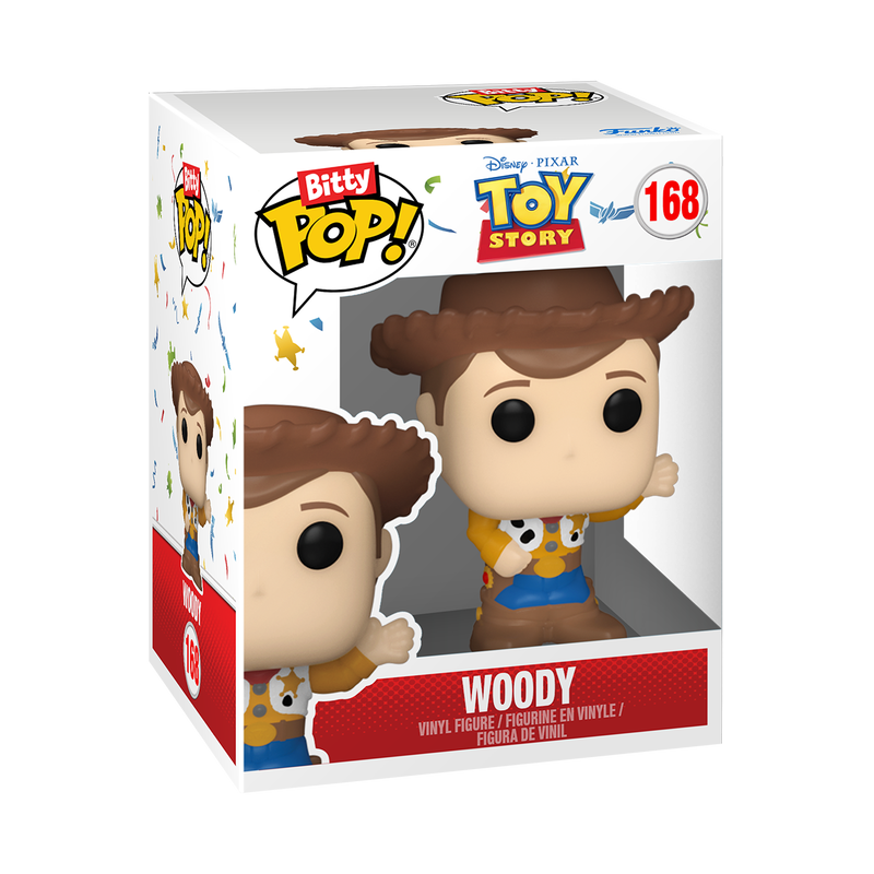Figura de vinilo Toy Story Woody Bitty Pop! 168 en su caja original sobre fondo negro.