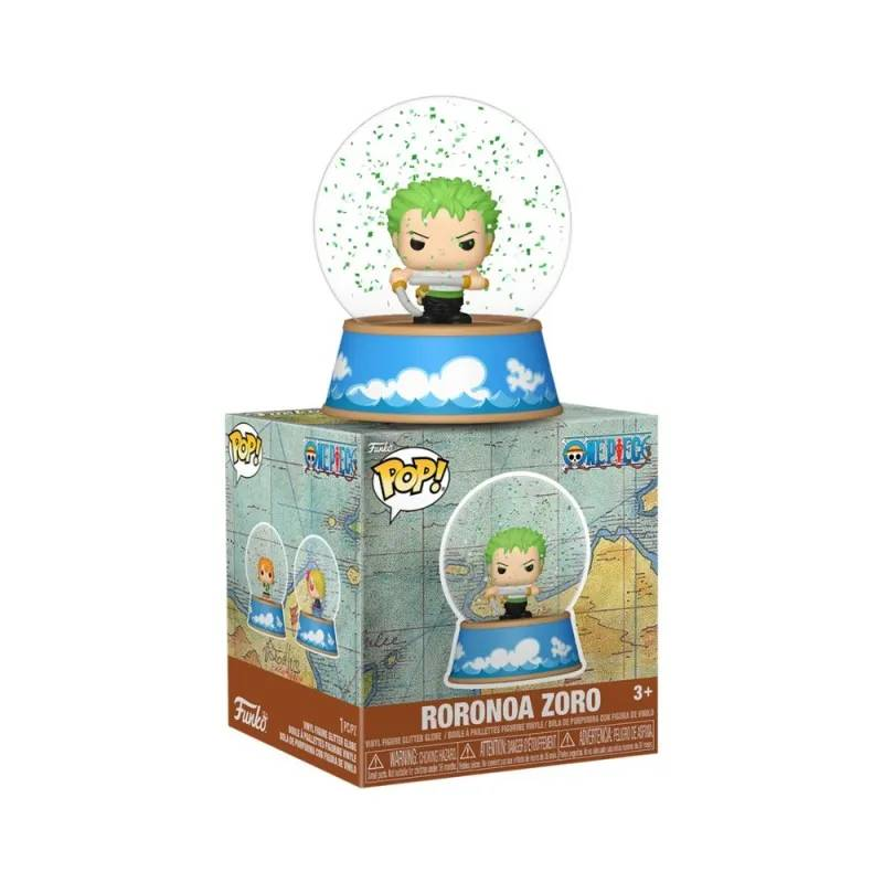 Globo de nieve Funko Pop de Roronoa Zoro sobre una caja estampada.