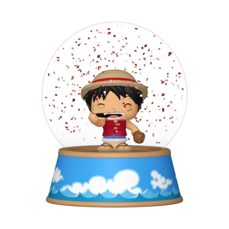 Una bola de nieve con Monkey D. Luffy de One Piece, rodeado de confeti rojo sobre una base azul y blanca.