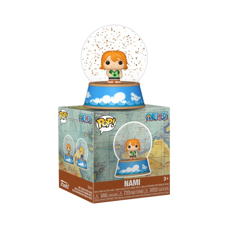 Una bola de nieve Funko Pop de Nami de One Piece sobre su caja de cartón colorida.