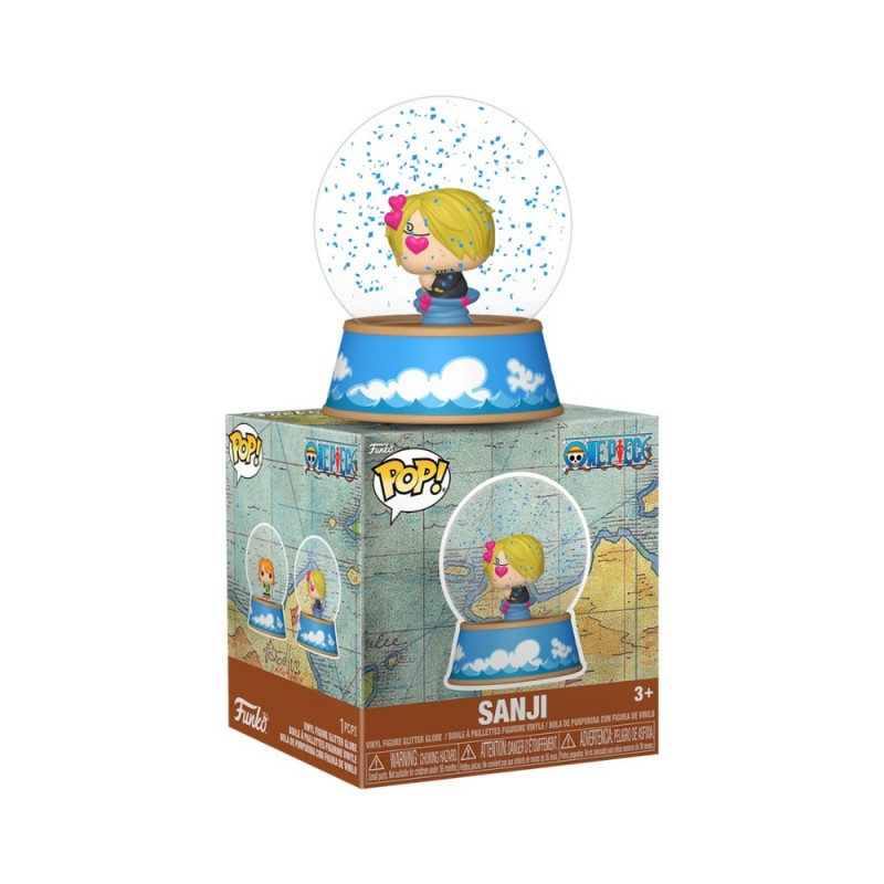Una bola de nieve Funko Pop de Sanji de One Piece en su caja.