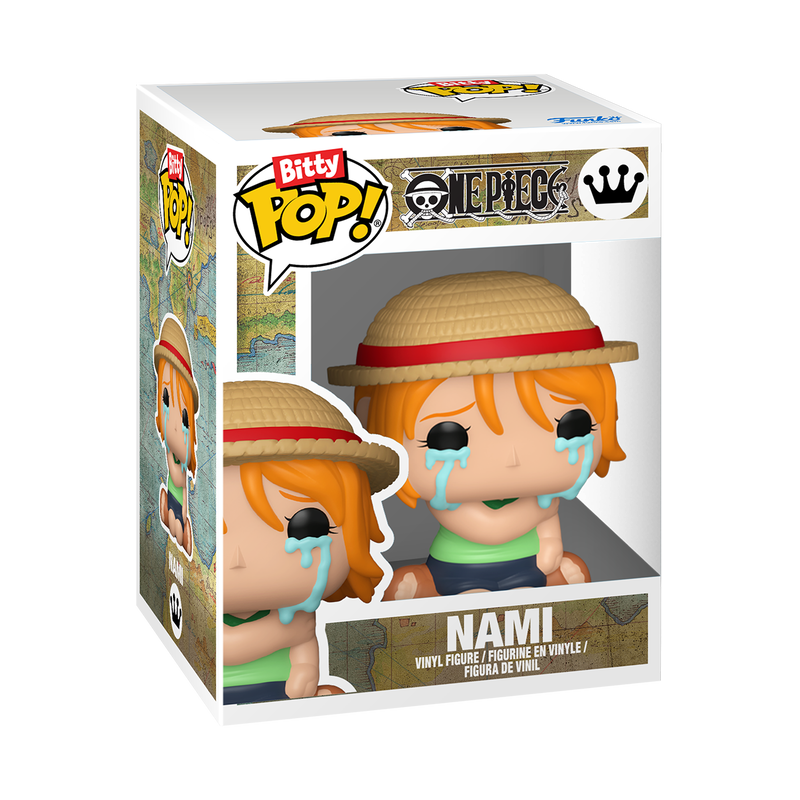 Una figura de vinilo Bitty Pop! de Nami de One Piece llorando, en su caja.