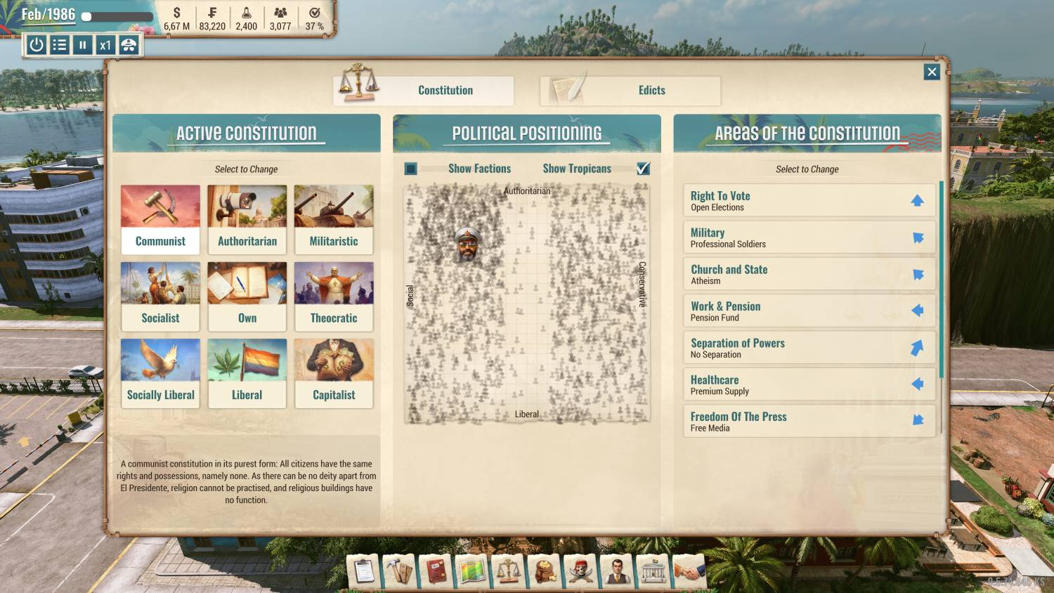 Menú del juego de constitución que muestra opciones de posicionamiento político y derechos en una isla tropical.