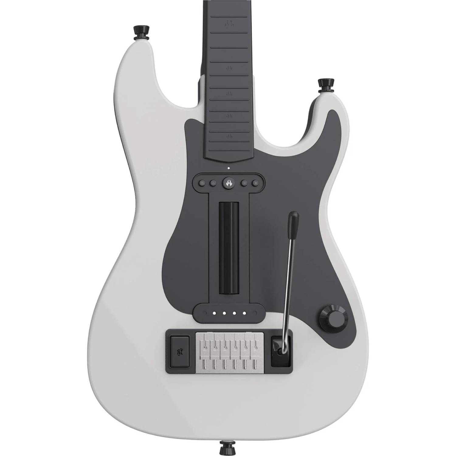 Una guitarra eléctrica blanca con golpeador negro y botones en el diapasón sobre fondo blanco.
