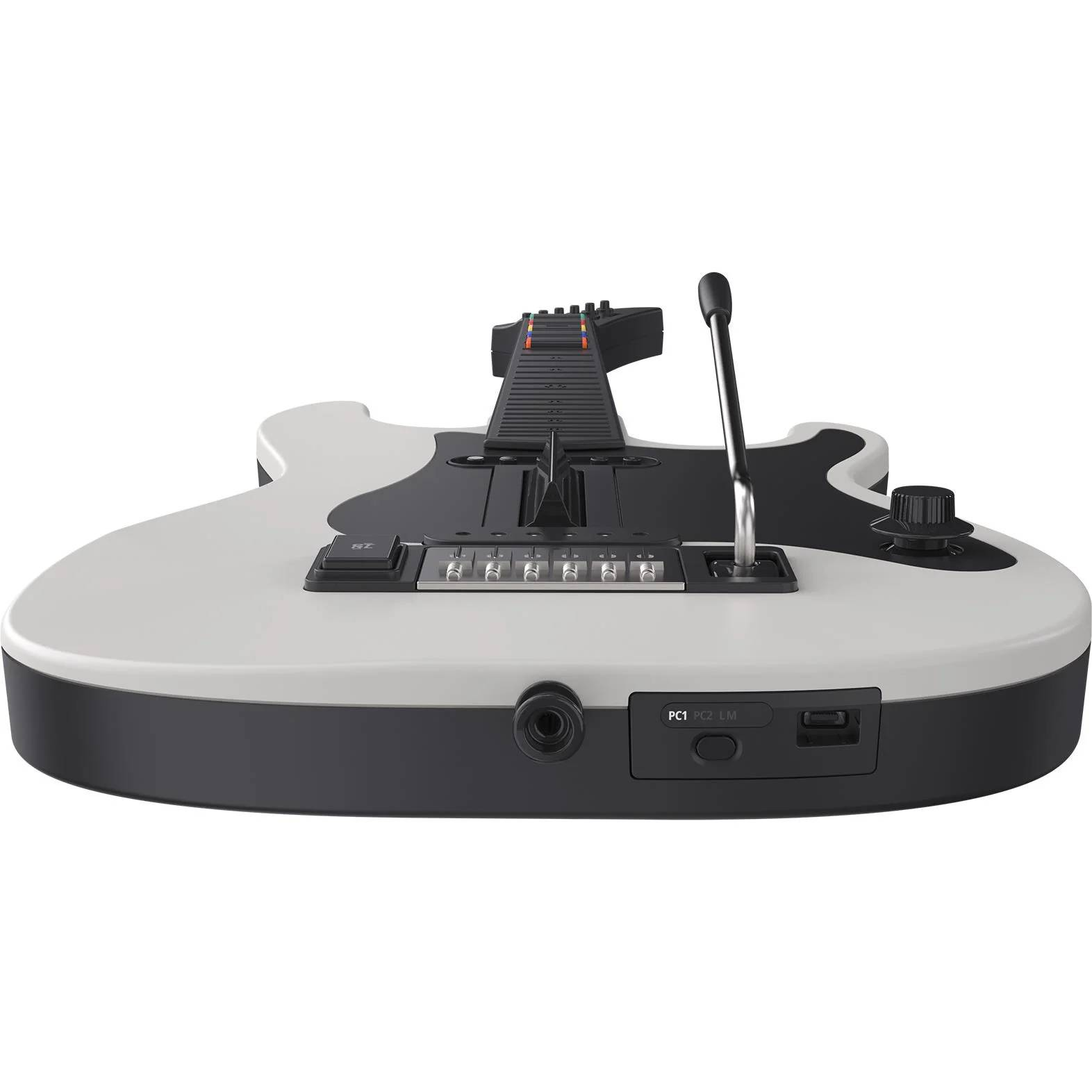 Cuerpo de control de guitarra blanco y negro con trastes, botones y palanca de vibrato, visto desde abajo.