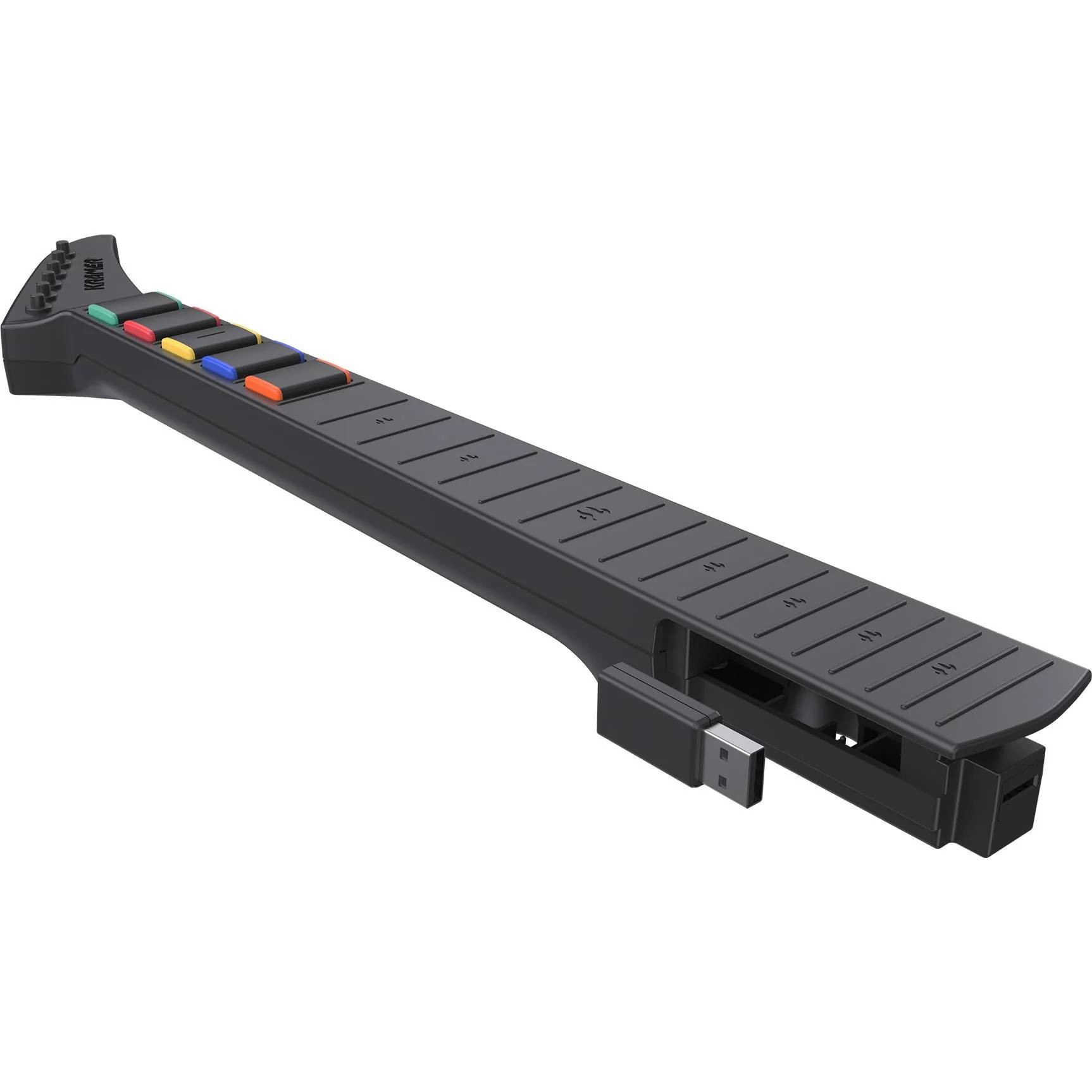 Mástil de controlador de guitarra negro con botones de colores y un receptor USB conectado sobre fondo blanco.