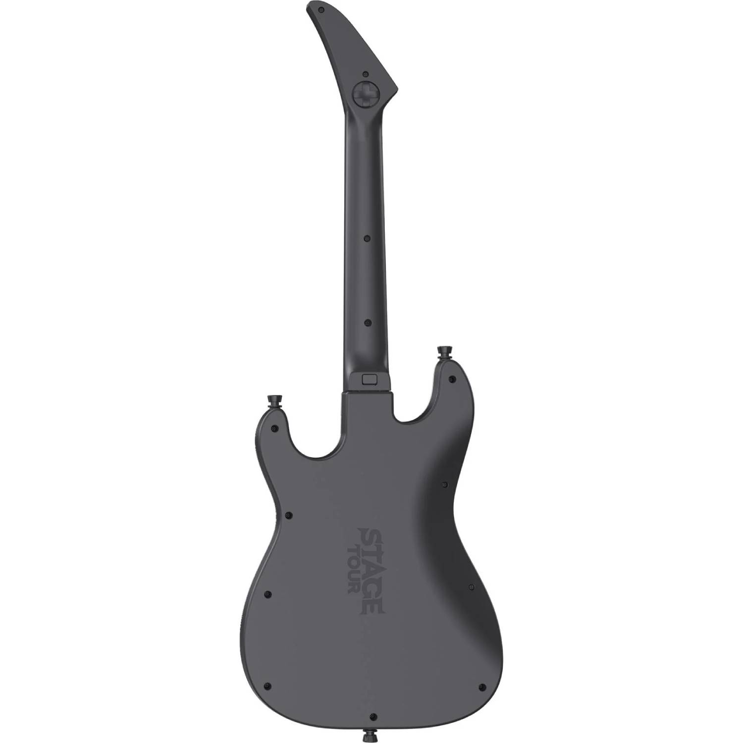 La parte trasera de una guitarra eléctrica gris con tornillos y el texto STAGE TOUR sobre fondo blanco.