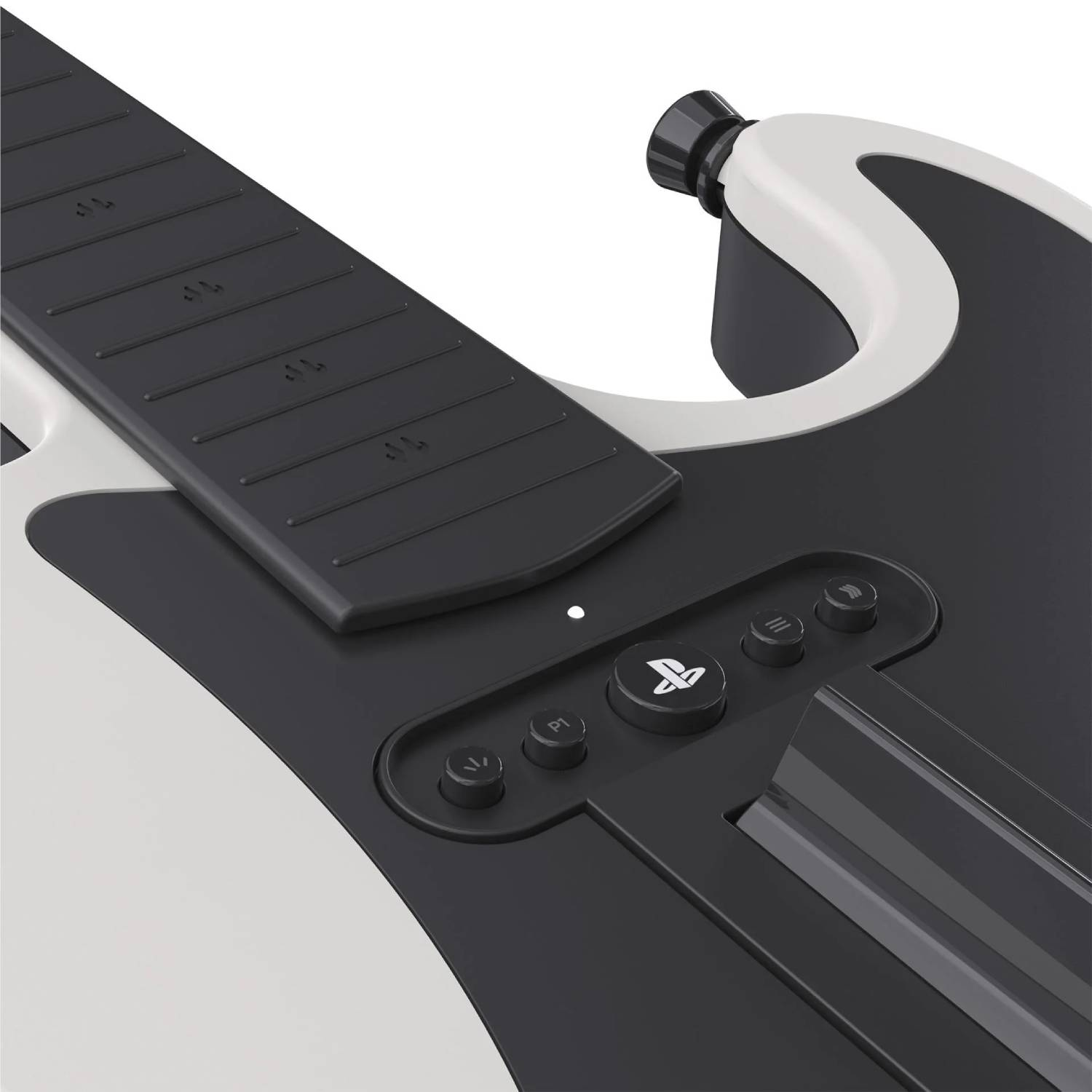 Primer plano de un controlador de guitarra Playstation en blanco y negro.