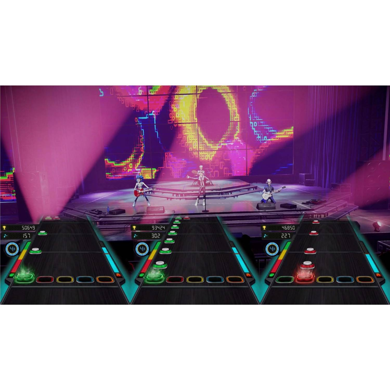 Una vista de juego de ritmo multijugador que muestra a tres jugadores en el escenario con notas coloridas.