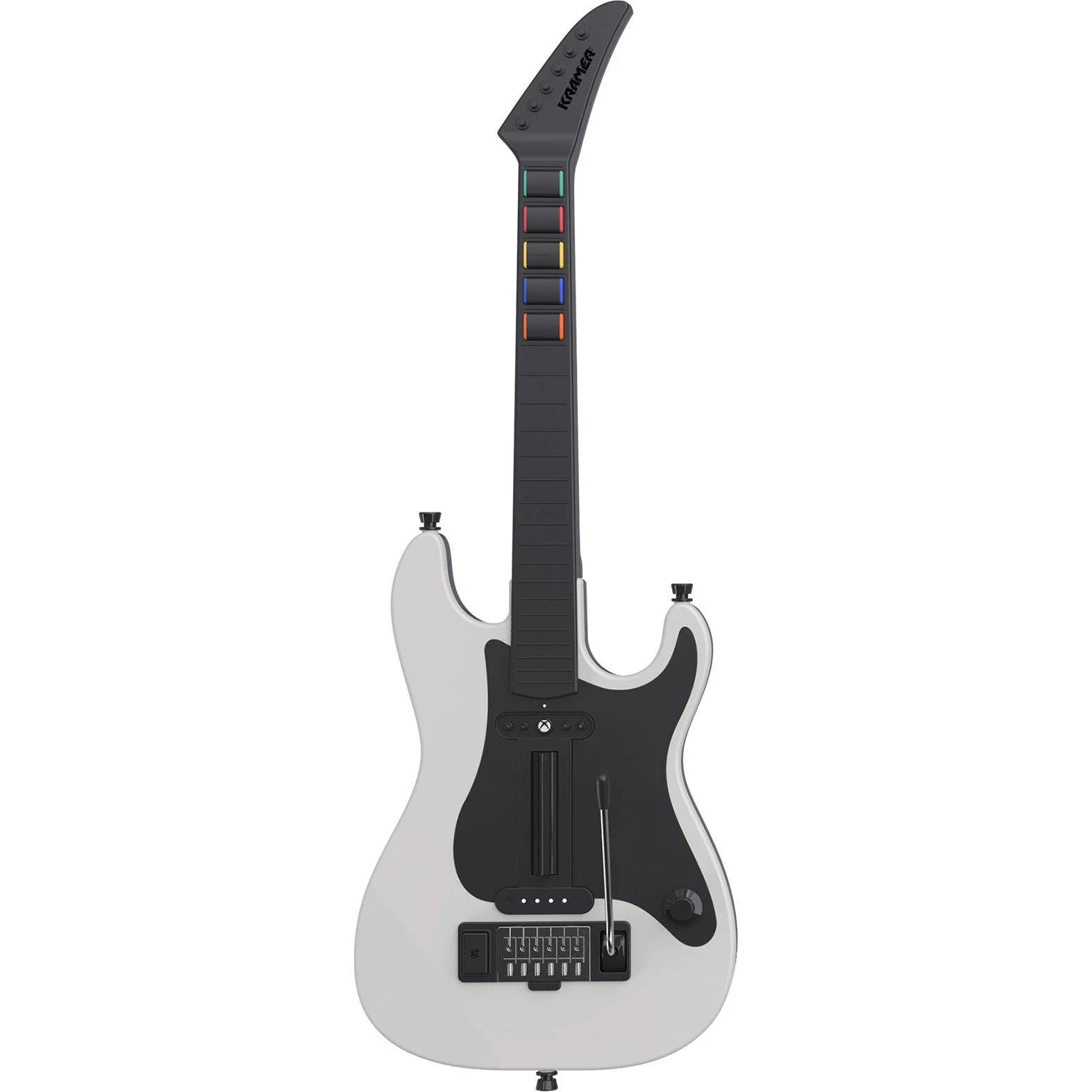 Un controlador de guitarra para videojuegos Kramer blanco con mástil negro y botones de trastes coloridos.
