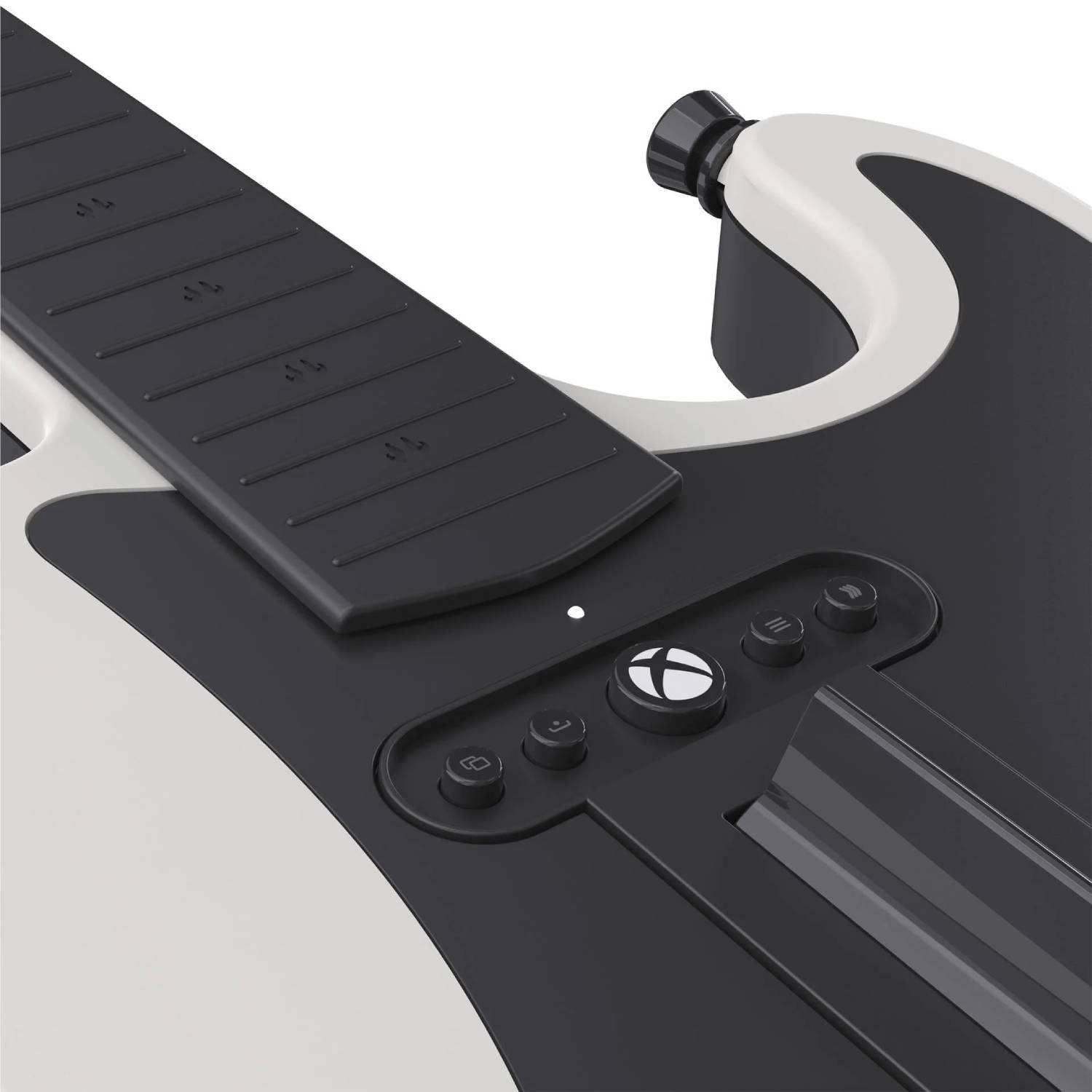 Un controlador de guitarra Xbox en blanco y negro con trastes y botones en fondo blanco.