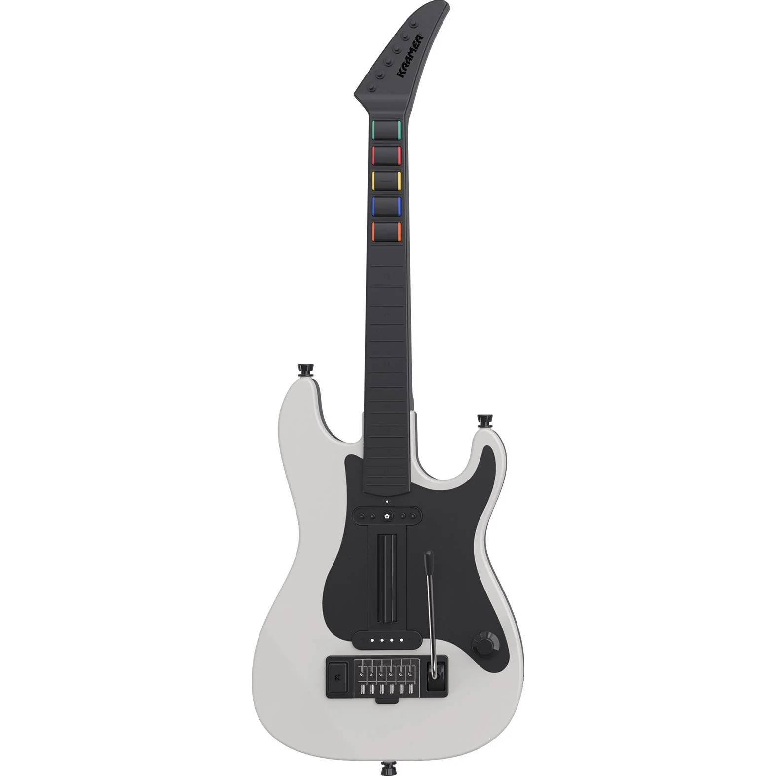 Una guitarra Kramer blanca con elementos negros y botones de colores en el diapasón.
