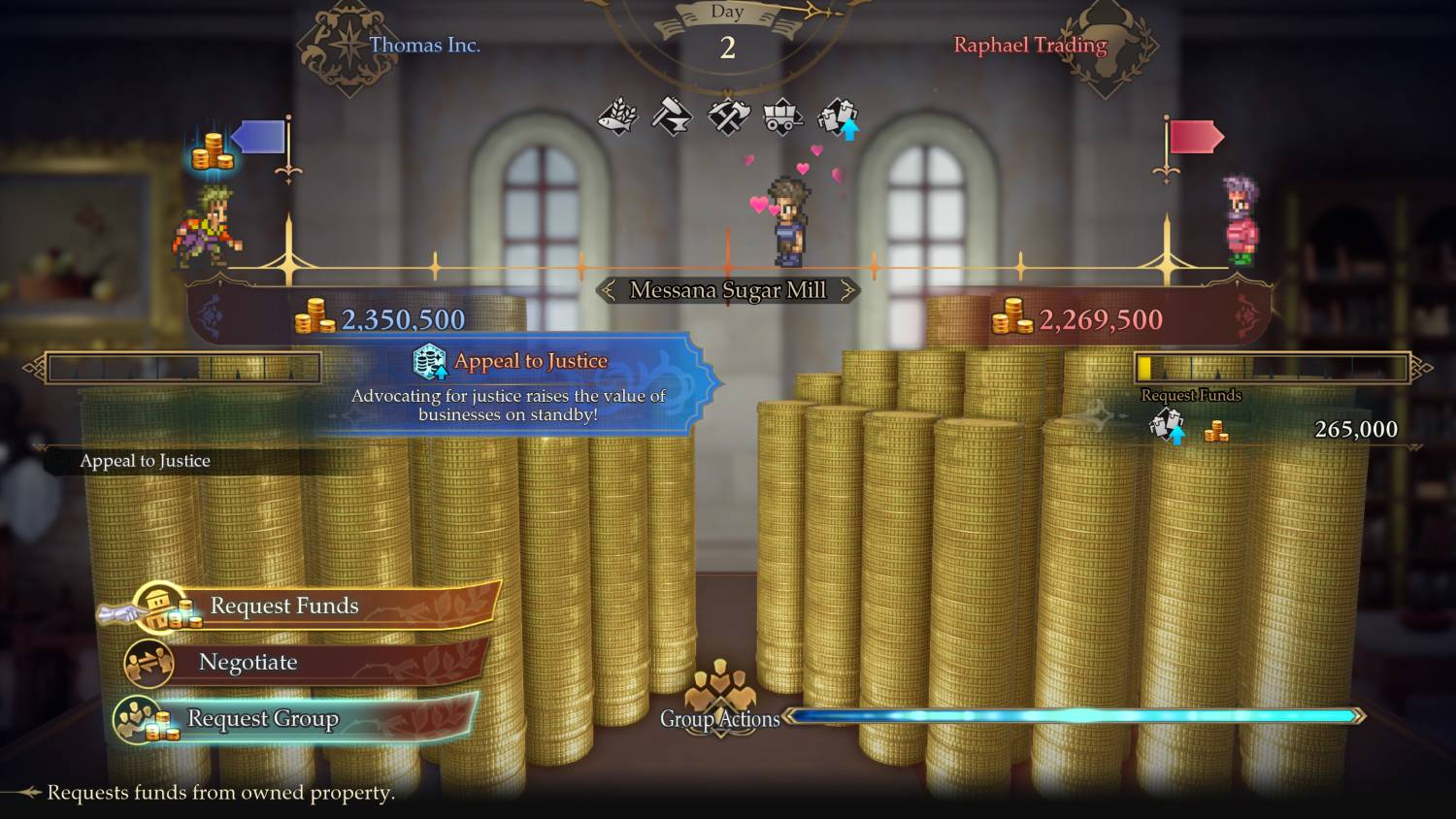 Interfaz de videojuego con grandes pilas de monedas de oro, valores de activos y opciones de menú.