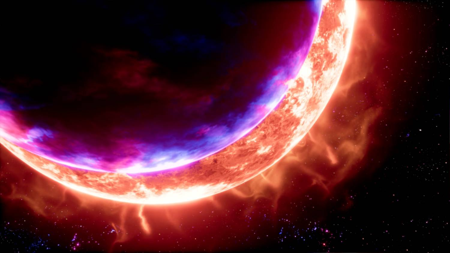 Un planeta morado orbita frente a un sol rojo brillante en el espacio.