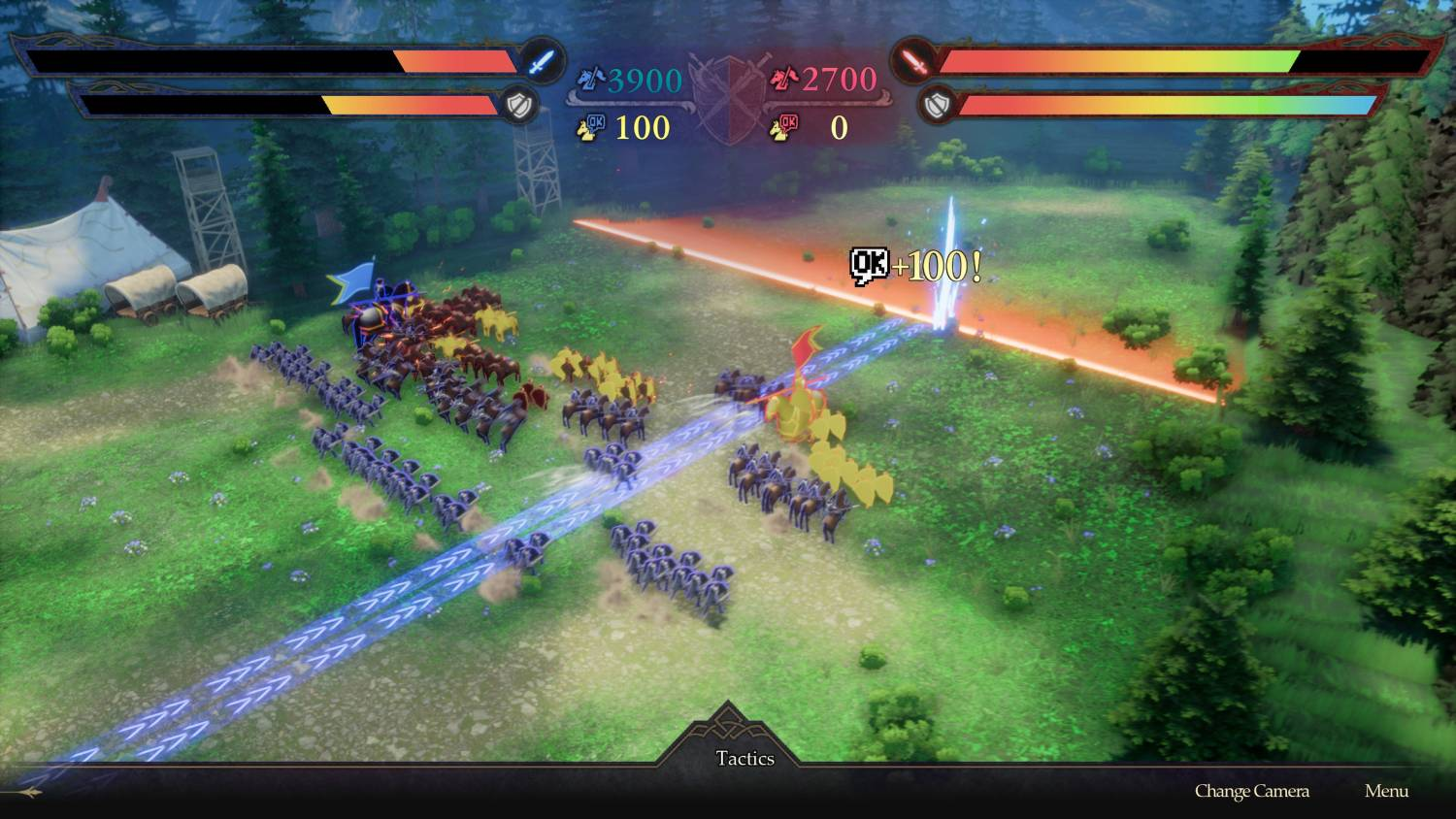 Una escena de videojuego muestra ejércitos luchando en un campo verde, con elementos HUD arriba.
