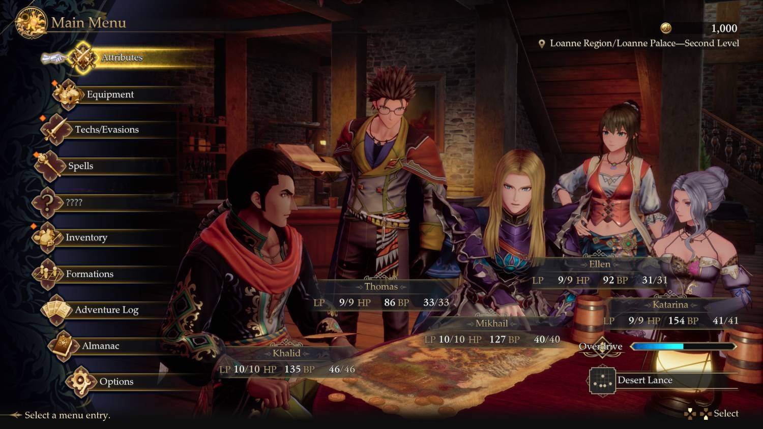 Pantalla de menú de RPG con cinco personajes alrededor de una mesa y opciones a la izquierda.
