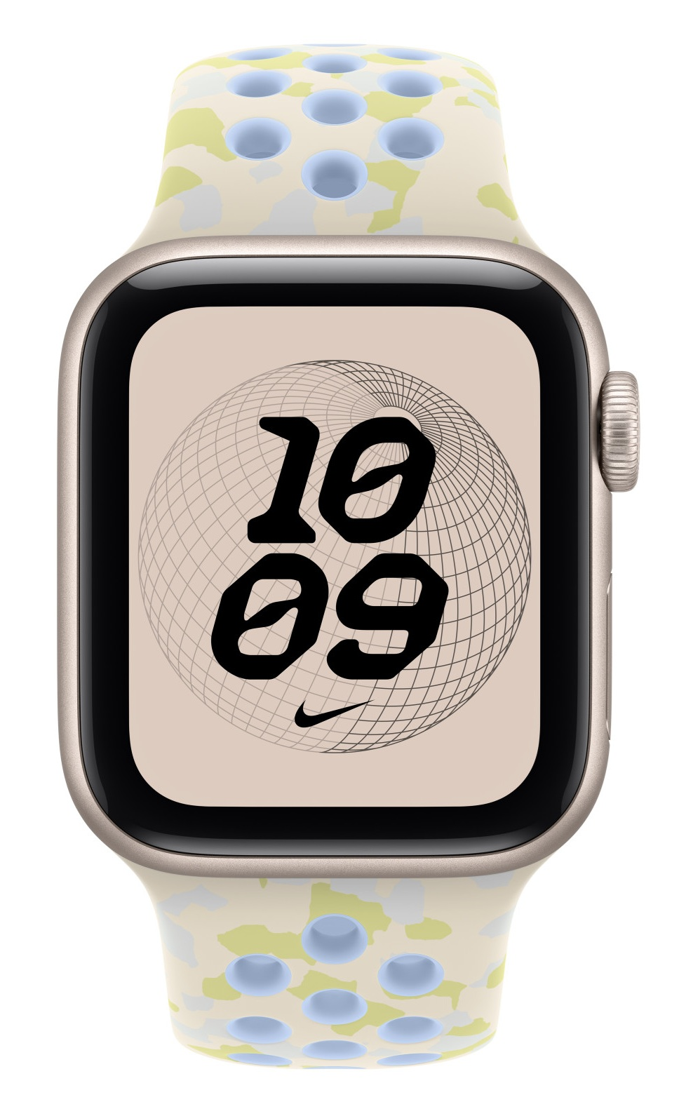 Apple Watch z beżową kopertą i wzorzystym paskiem sportowym. Tarcza przedstawia glob i godzinę 10:09.