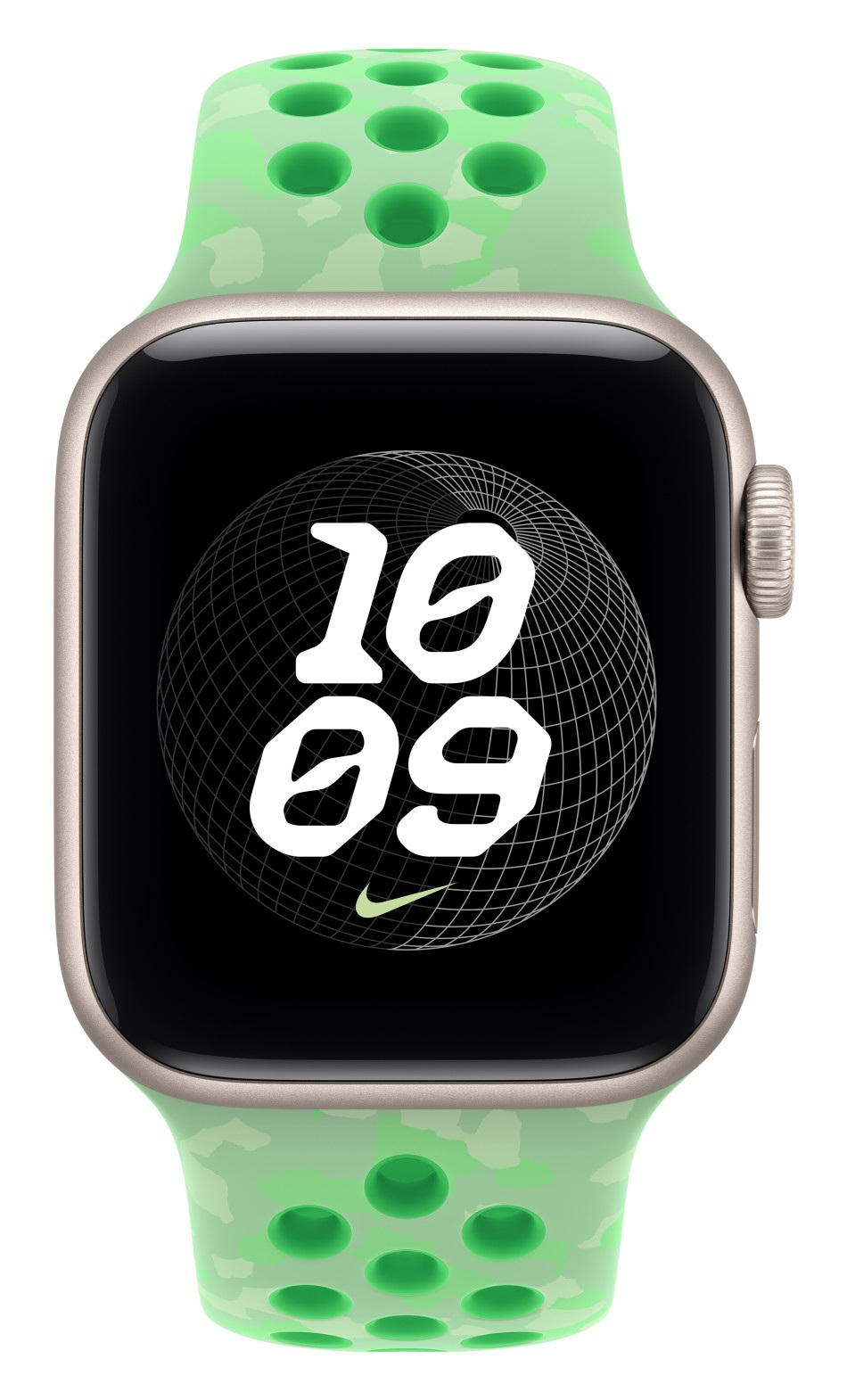 Smartwatch ze srebrną kopertą i jasnozielonym, perforowanym silikonowym paskiem wyświetla godzinę 10:09.