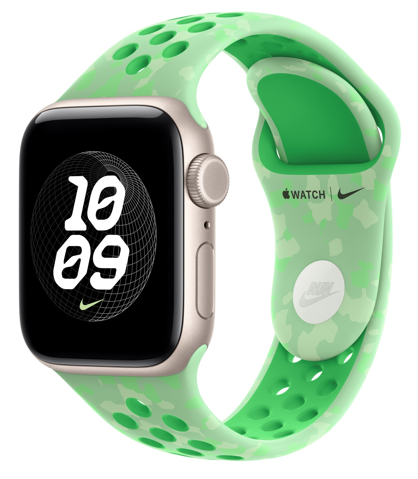 Apple Watch Nike z jasnozielonym paskiem sportowym, cyfrową tarczą i białym tłem.
