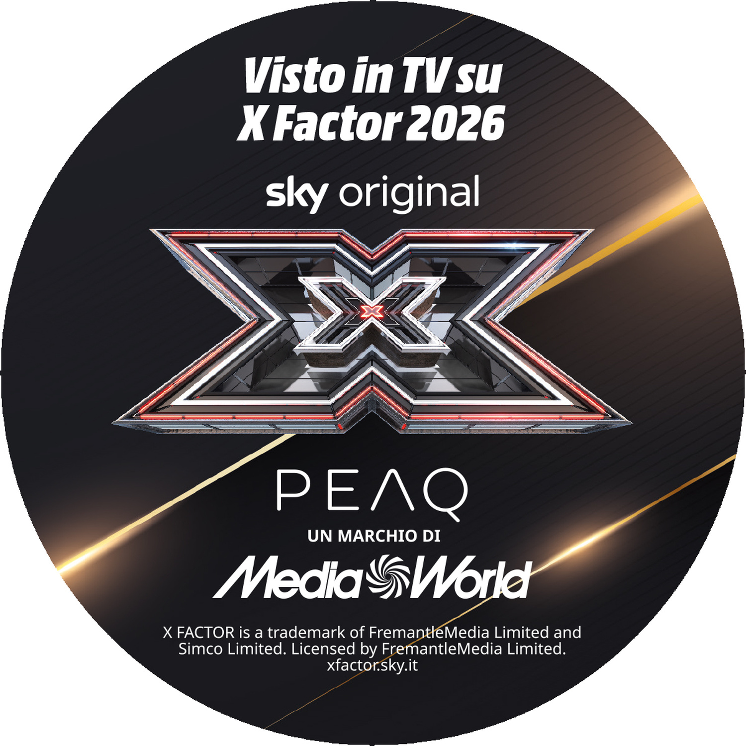 Logo circolare con i marchi X Factor 2026, Sky Original e MediaWorld su sfondo nero.