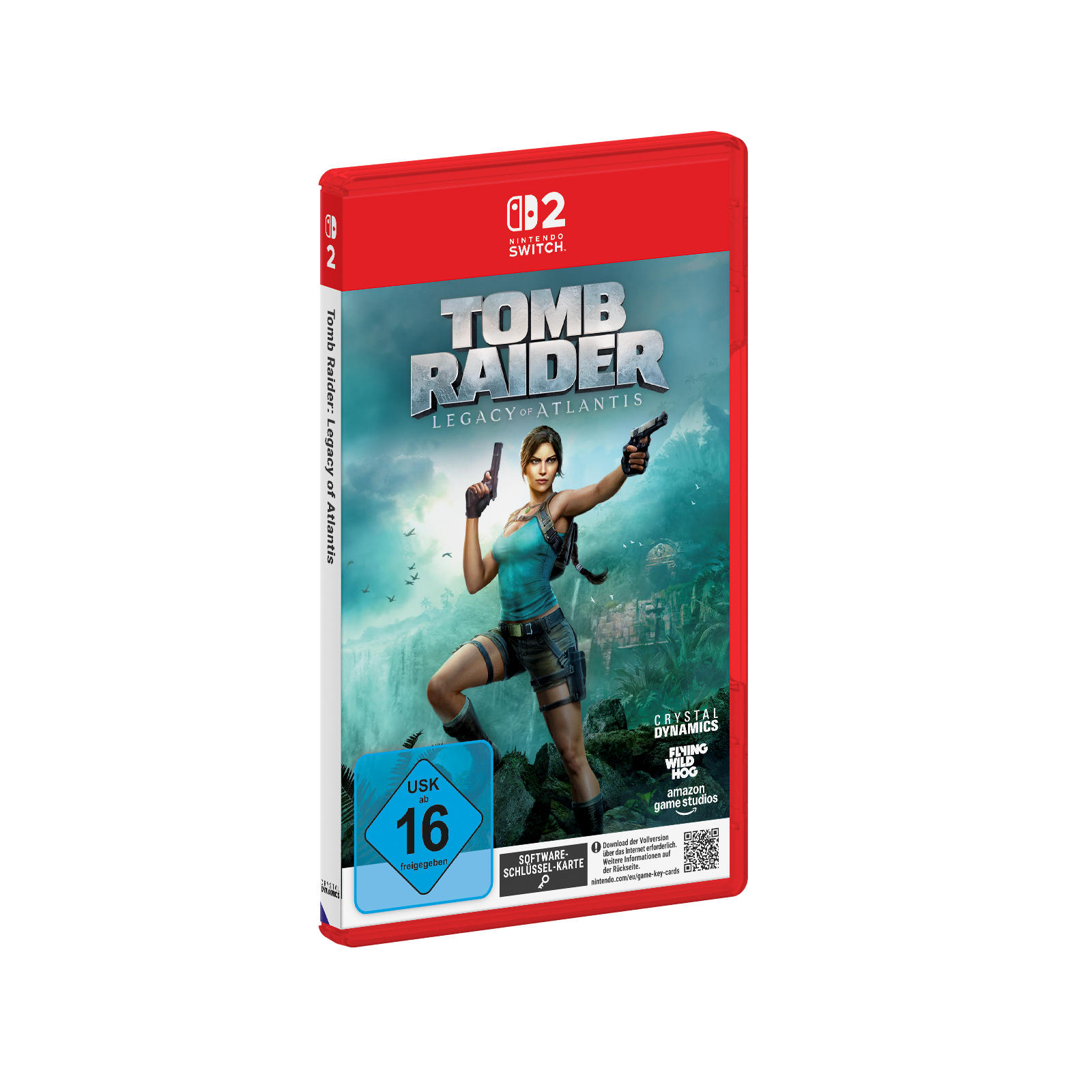 Tomb Raider: Legacy of Atlantis Nintendo Switch Hülle mit Lara Croft, die zwei Pistolen im Dschungel hält.