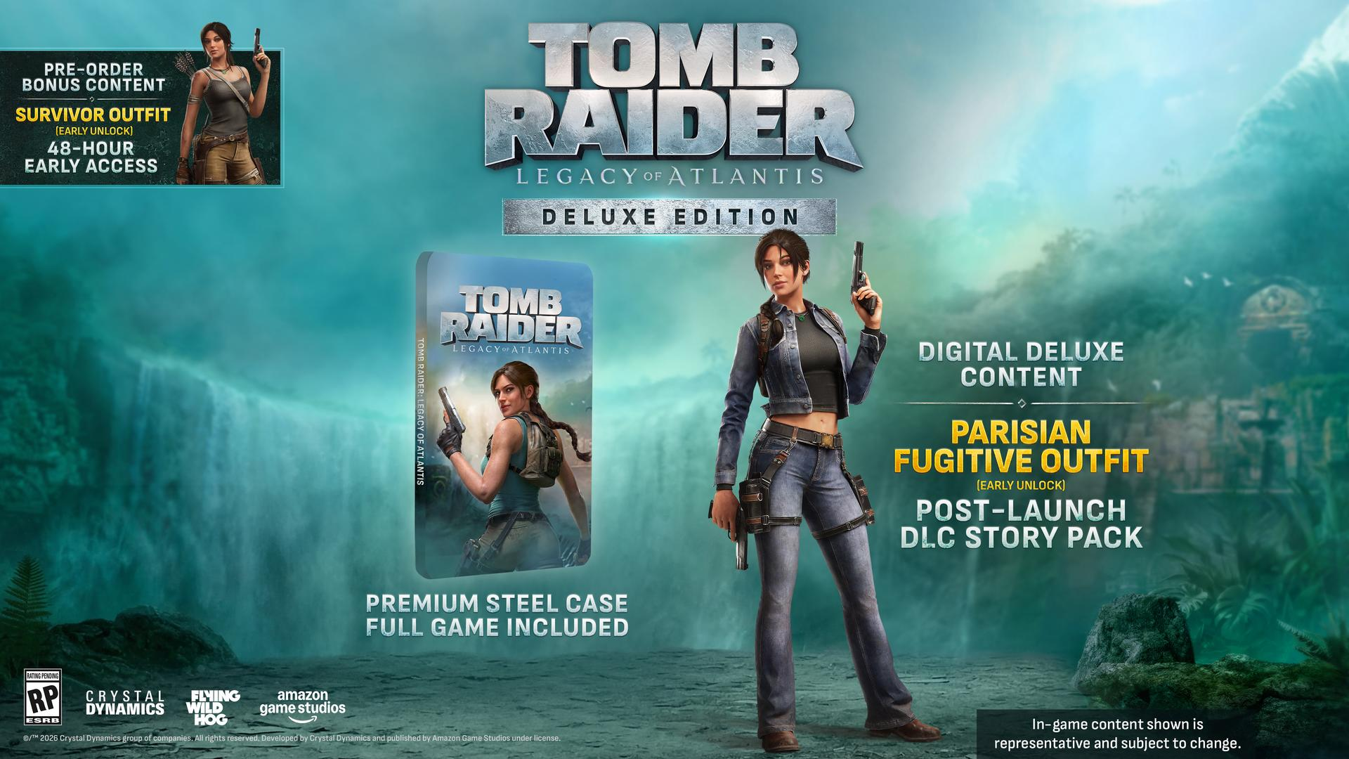 Tomb Raider Deluxe Edition Banner mit Lara Croft, Steelcase und DLC-Inhalten vor tropischem Hintergrund.