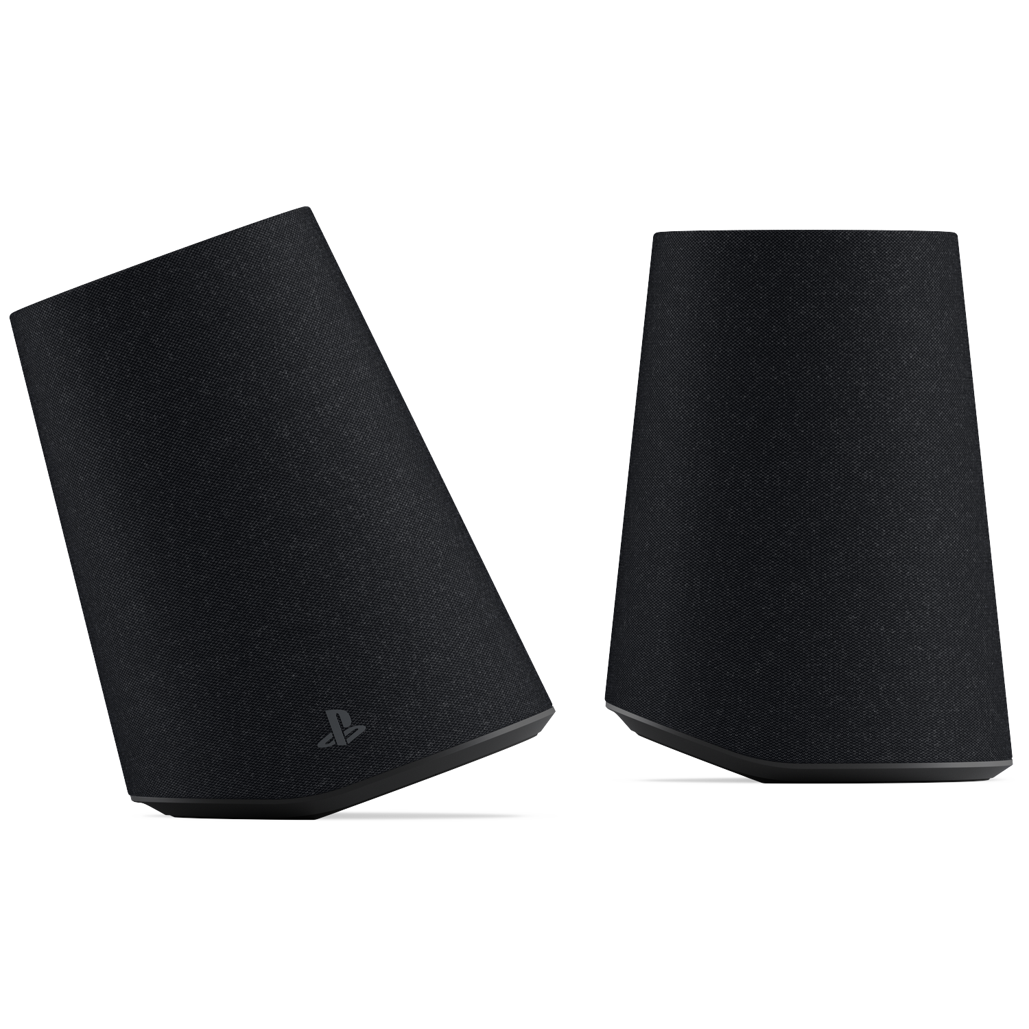 Deux enceintes PlayStation noires recouvertes de tissu sur fond noir.