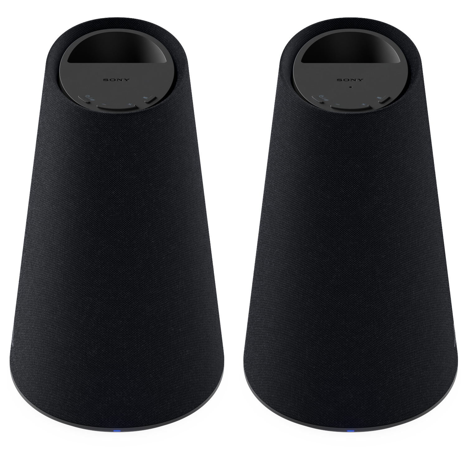 Deux haut-parleurs Sony noirs et coniques se tiennent sur un fond noir avec des lumières LED bleues à la base.