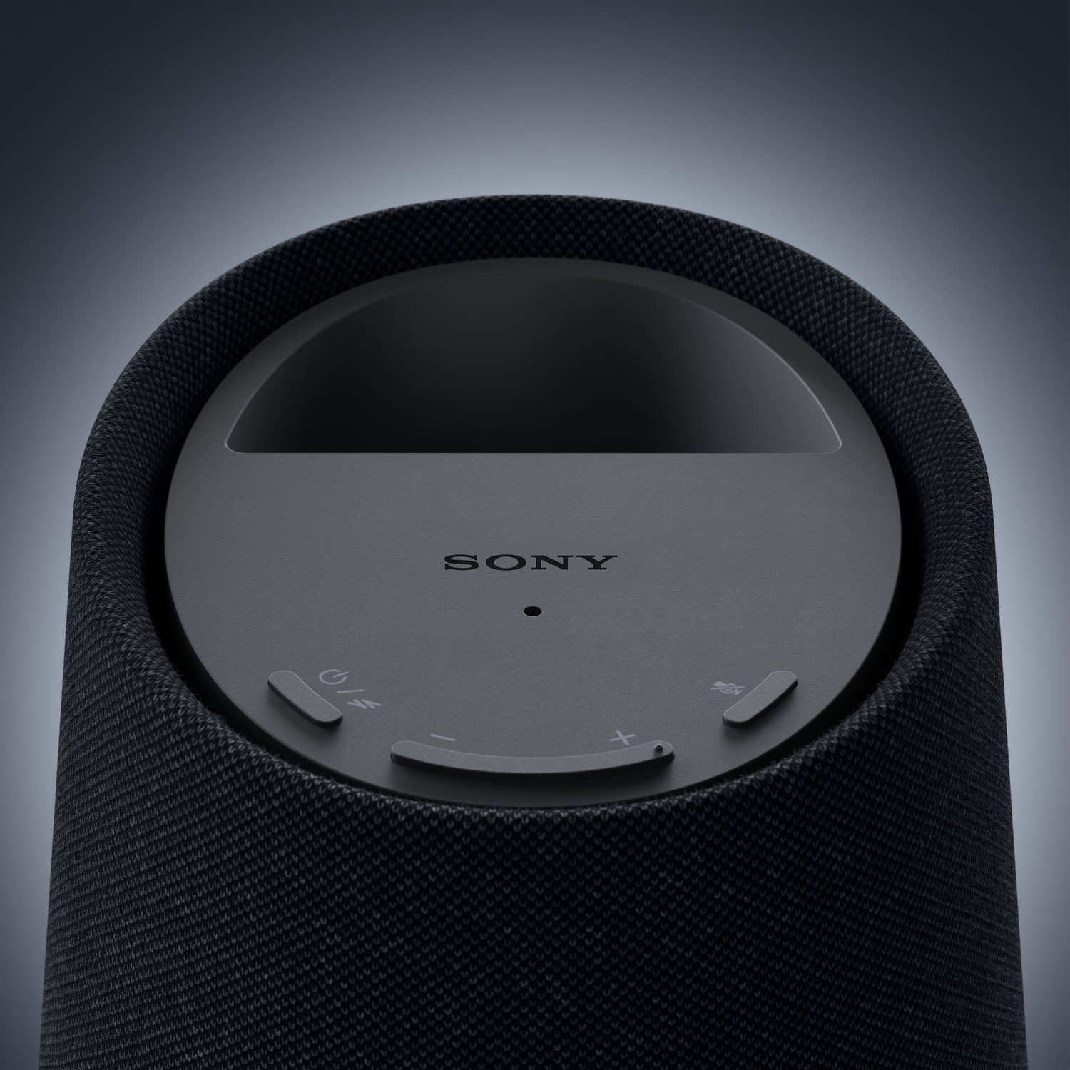 Vue de dessus d'une enceinte connectée Sony noire avec boutons et logo.
