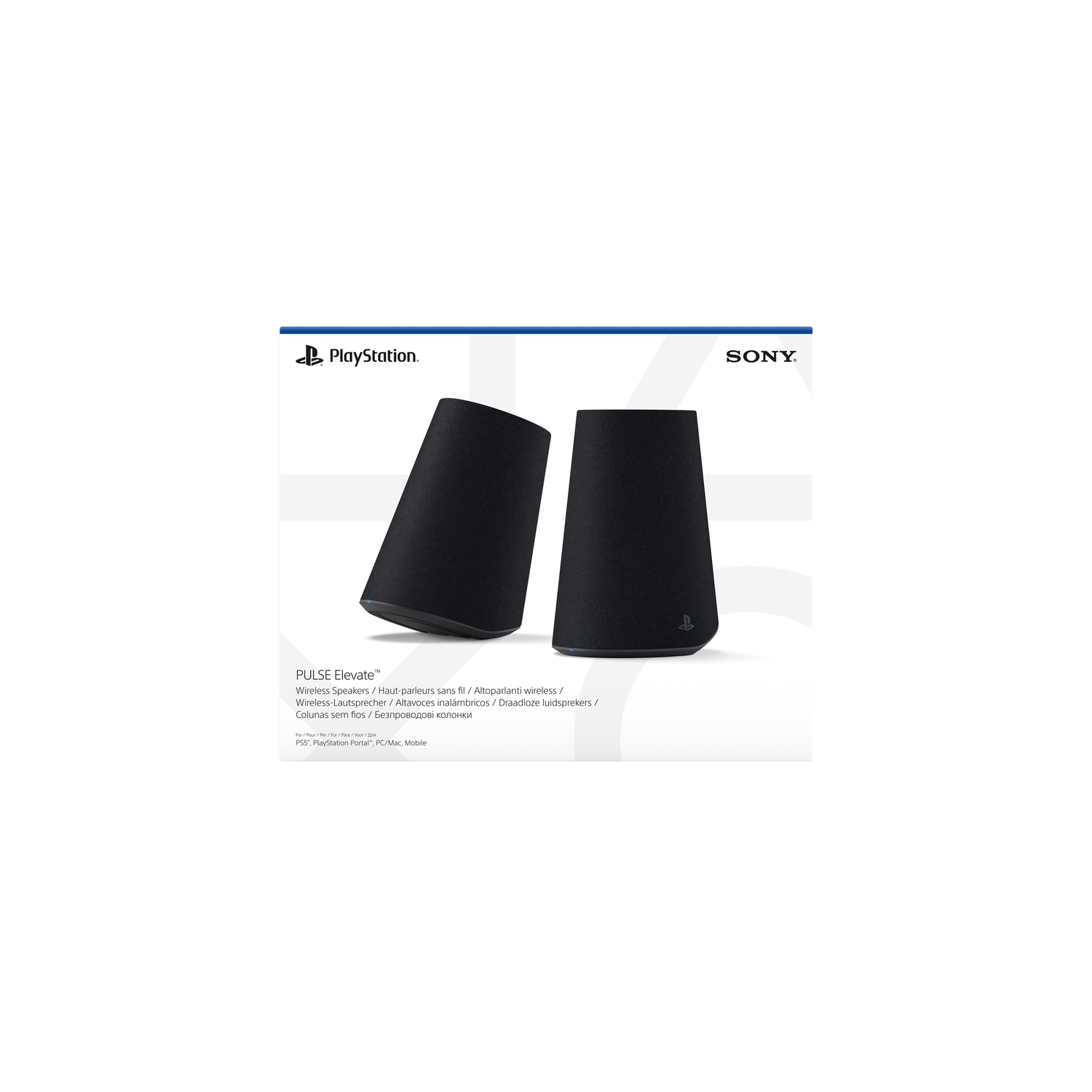 Deux haut-parleurs sans fil noirs Sony Pulse Elevate sur fond blanc avec la marque PlayStation.