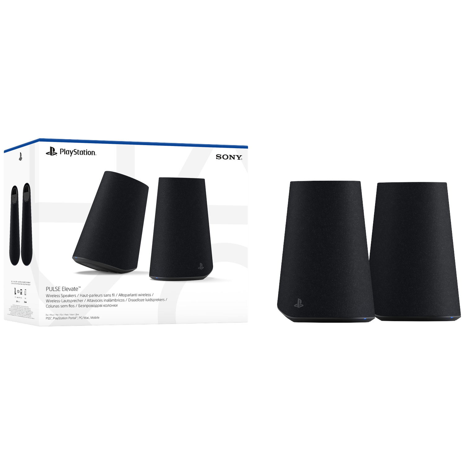 Deux haut-parleurs sans fil noirs PlayStation PULSE Elevate posés à côté de leur boîte.