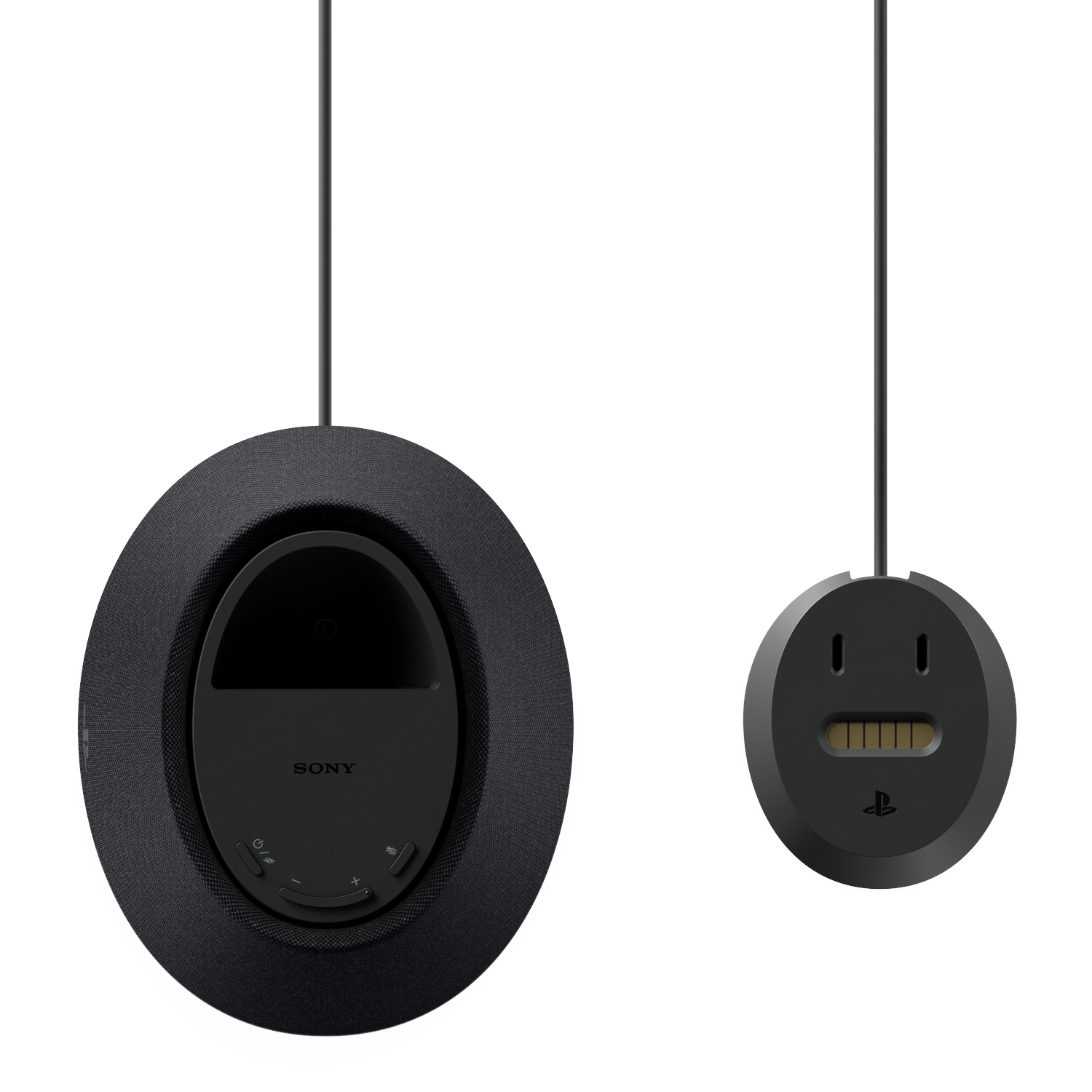 Deux accessoires audio noirs Sony et PlayStation avec câbles sur fond noir.