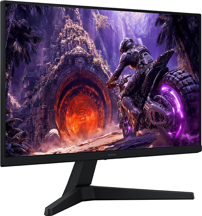 Egy fekete monitor fantasy jelenetet mutat, egy motoros személlyel egy ősi kőkapu előtt.