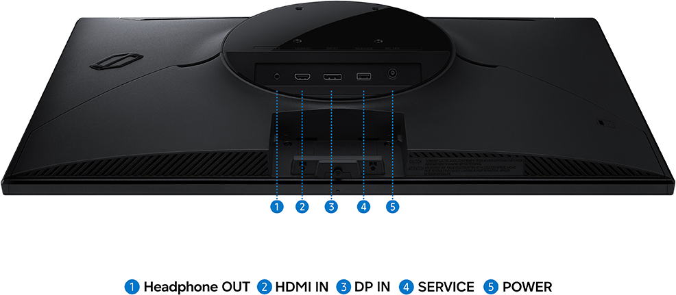 Fekete monitor hátulja fejhallgató, HDMI, DP, szerviz és tápcsatlakozókkal.