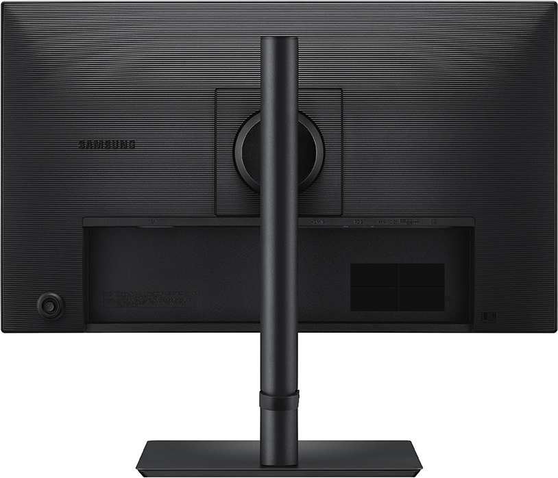 Fekete Samsung monitor hátulja állvánnyal és vízszintesen bordázott mintával.