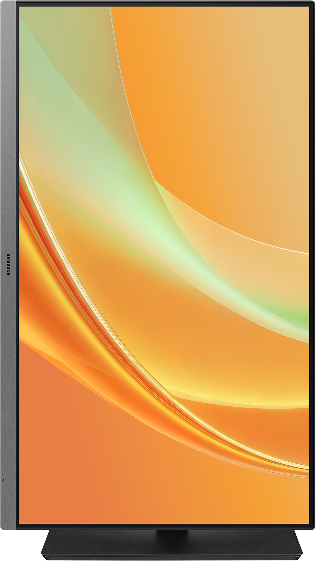Egy álló Samsung monitor absztrakt narancs és zöld grafikát mutat.