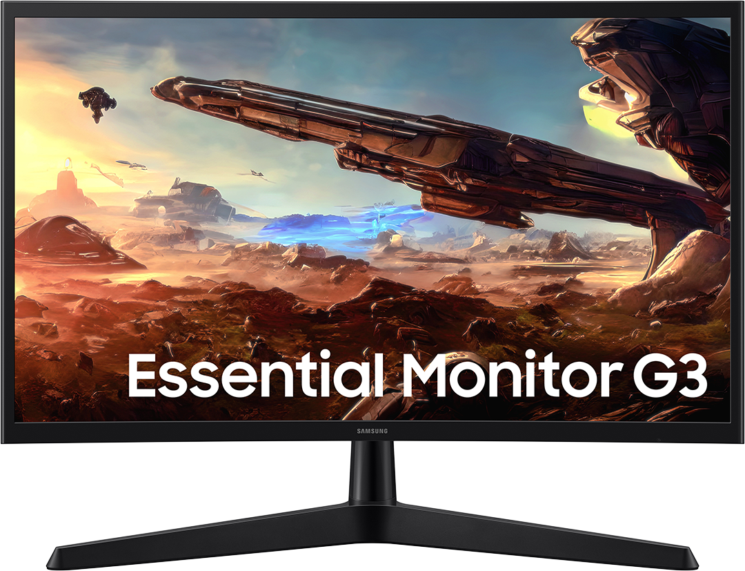 A Samsung Essential Monitor G3 képernyőjén egy disztópikus sci-fi táj látható űrhajókkal.