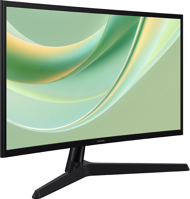 Egy fekete Samsung monitor vékony kávával és V alakú állvánnyal zöld absztrakt hullámos háttérképet mutat.
