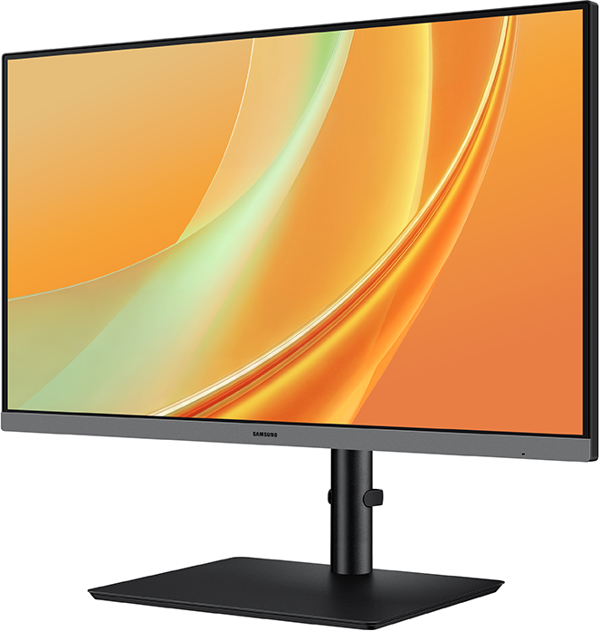 Egy Samsung monitor narancssárga-sárga absztrakt háttérrel a képernyőn, fekete talpon.