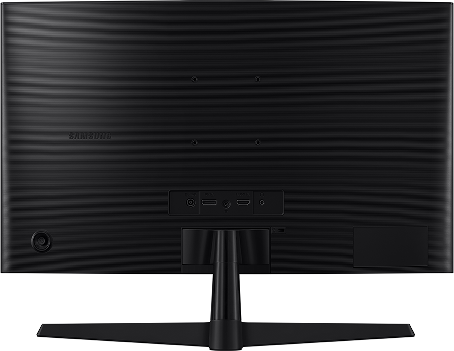 Egy fekete Samsung monitor hátoldala portokkal és talppal.
