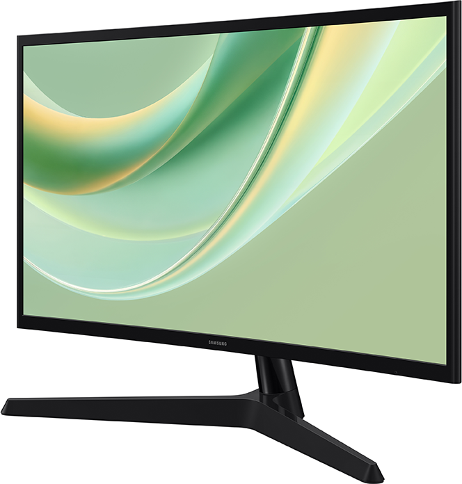 Egy fekete Samsung monitor zöld elvont hátteret mutat sima, ívelt vonalakkal a képernyőjén.