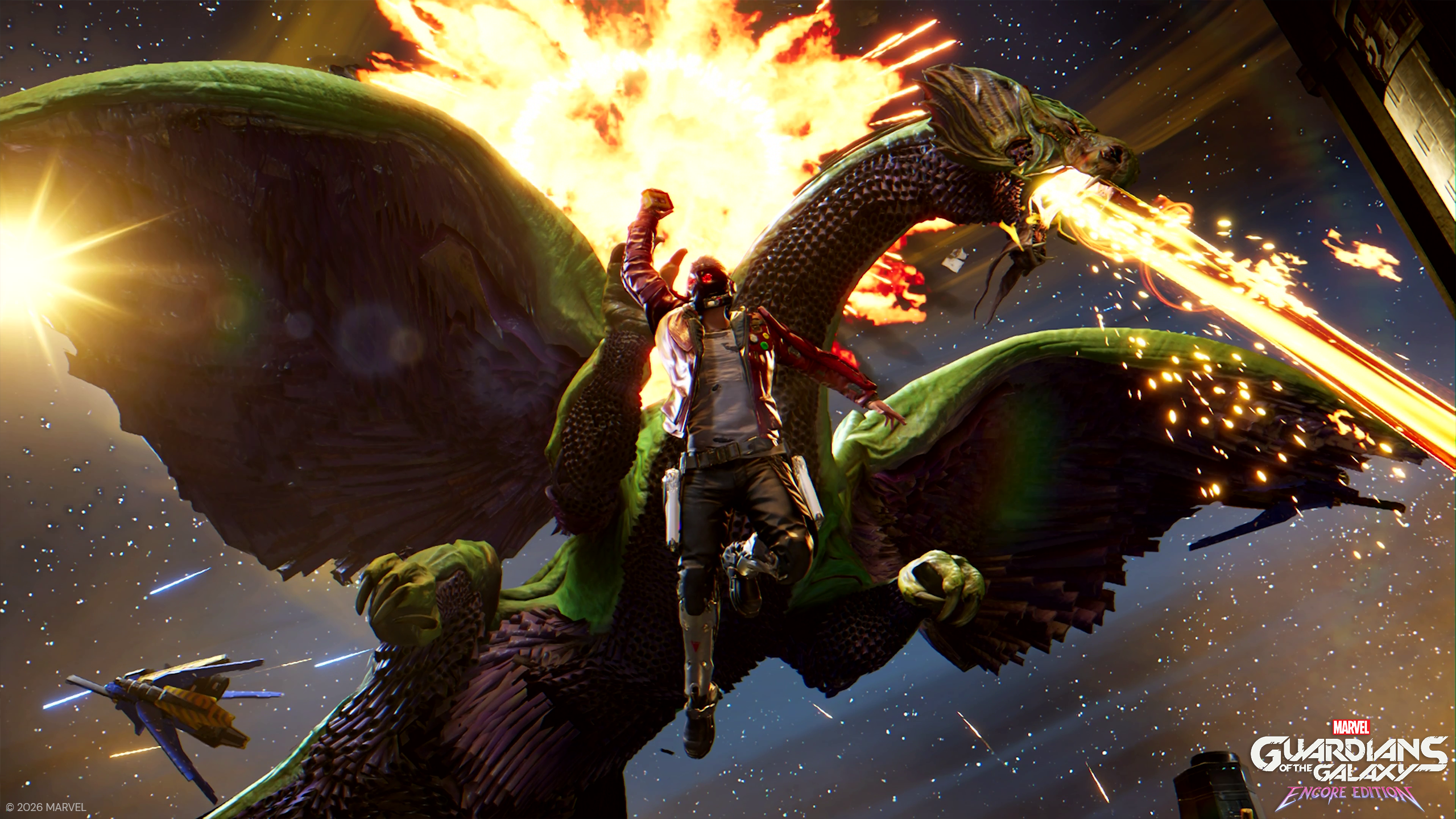 Un héros en veste rouge chevauche un dragon vert crachant du feu dans l'espace devant une explosion.